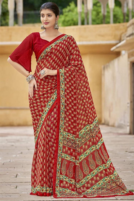 Red Color Georgette Fabric Trendy Textured Printed Saree