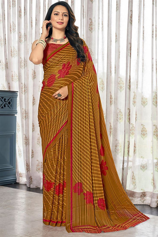 Vivacious Printed Casual Satin Saree In Mustard Color