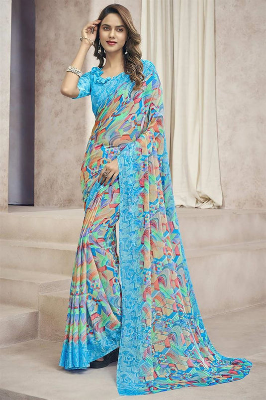 Cyan Color Chiffon Fabric Awesome Casual Look Printed Saree