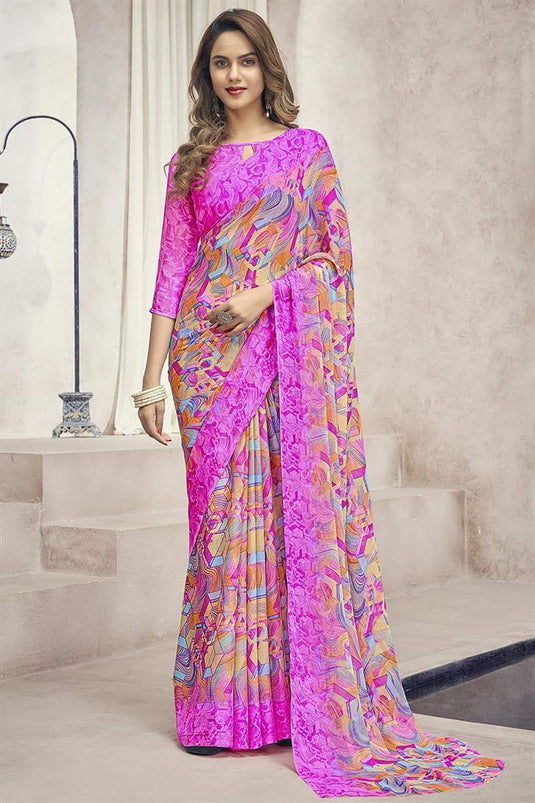 Stunning Casual Look Printed Chiffon Fabric Saree In Magenta Color