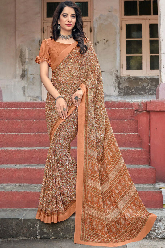 Peach Color Chiffon Fabric Fancy Printed Daily Wear Saree