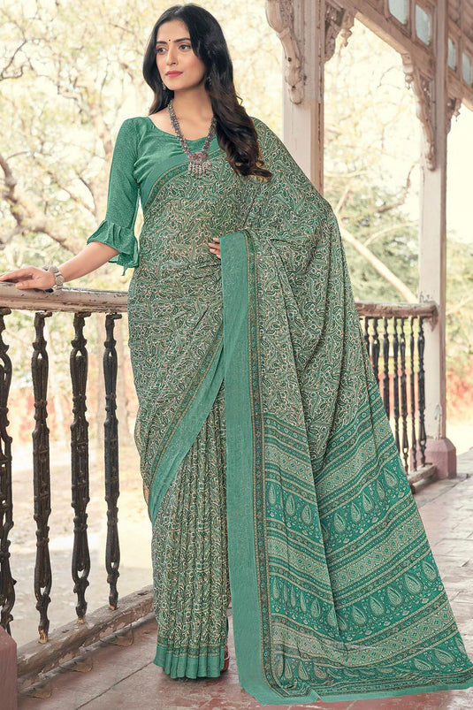 Chiffon Fabric Printed Sea Green Color Casual Saree