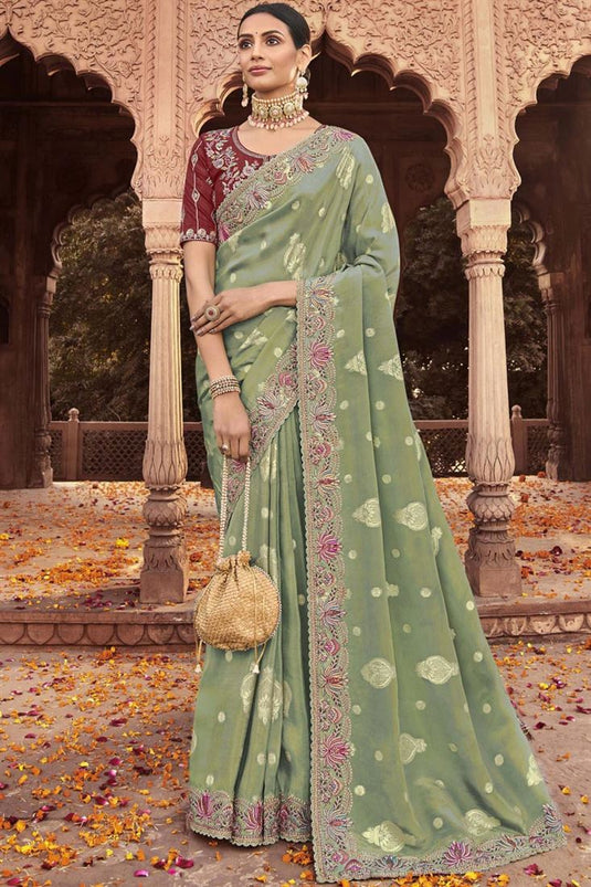 Graceful Green Color Tissue Silk Saree With Embroidered Work