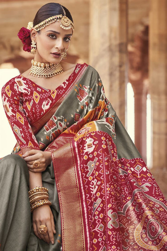 Grey Color Patola Silk Patterned Printed Saree