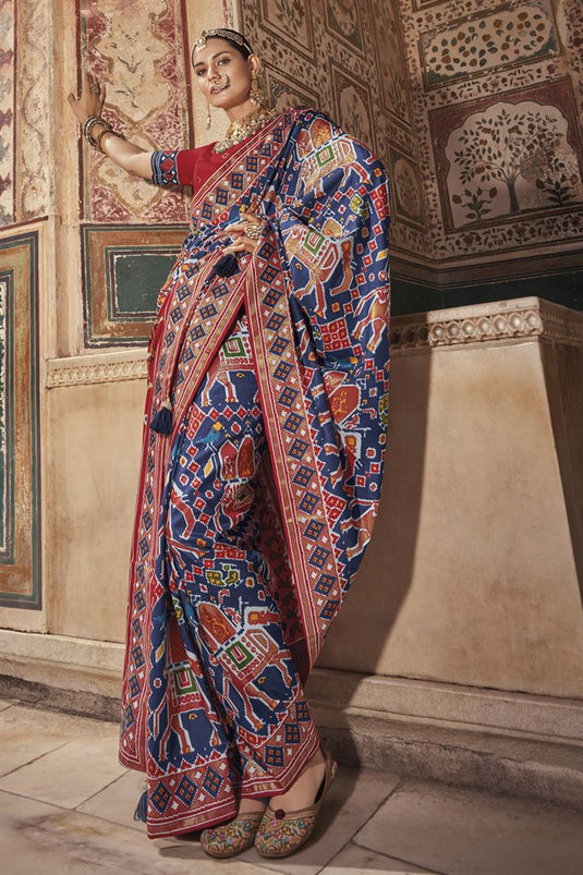 Marvellous Patola Silk Printed Saree In Navy Blue Color