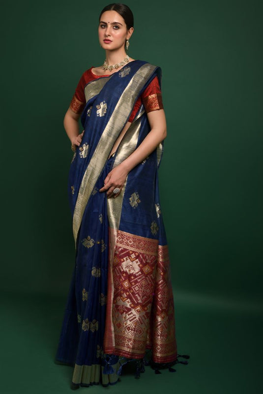 Navy Blue Color Art Silk Fabric Beguiling Saree With Weaving Work In Festival Wear