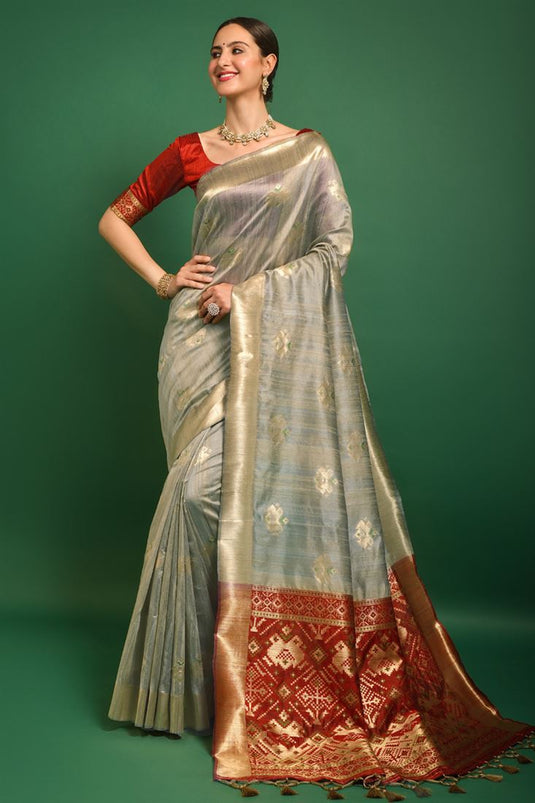 Grey Color Ravishing Art Silk Fabric Festival Wear Saree With Weaving Work