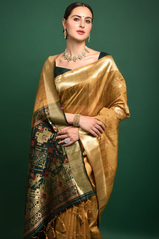 Festival Wear Mustard Color Trendy Art Silk Fabric Saree With Weaving Work