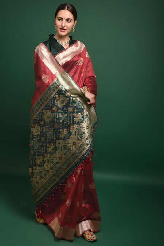 Festival Wear Red Color Saree With Weaving Work In Dazzling Art Silk Fabric