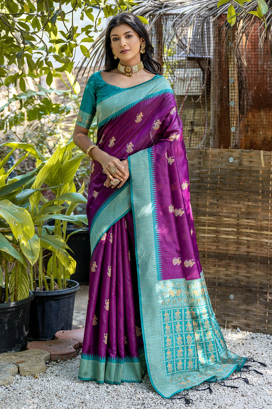 Art Silk Fabric Purple Color Zari Weaving Border Work Function Wear Designer Saree