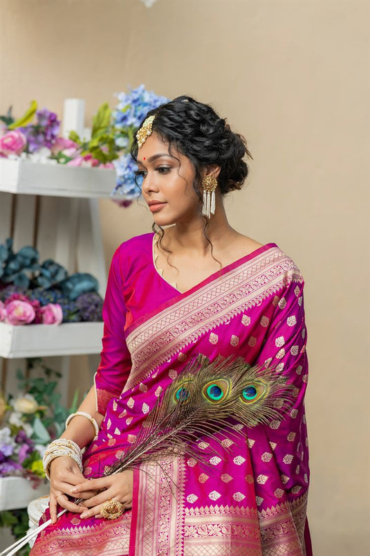 Magenta Color Embellished Weaving Work Banarasi Silk Saree