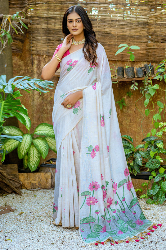 Muga Cotton Fabric Off White Fancy Weaving Work Casual Saree