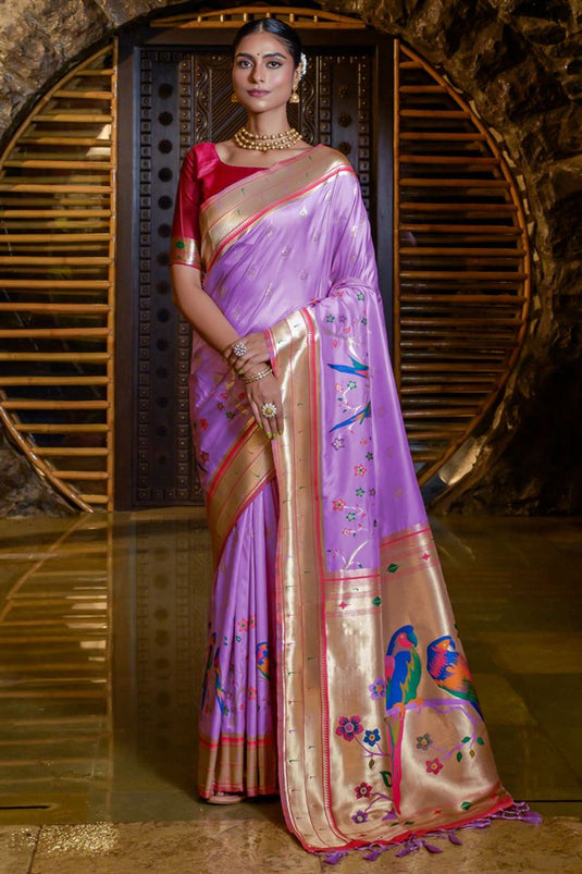 Lavender woven art silk saree with blouse - Lilots - 3609467