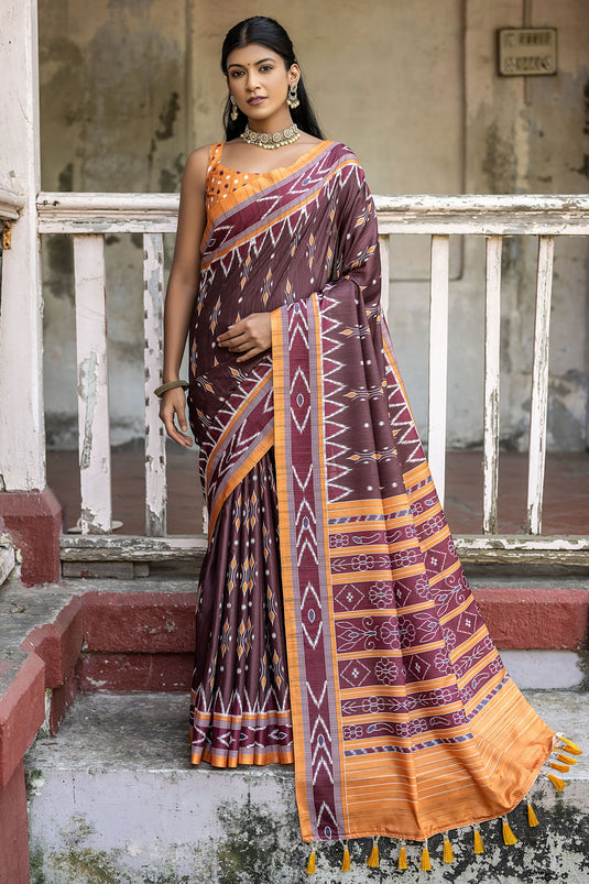 Cotton Silk Fabric Printed Saree In Brown Color