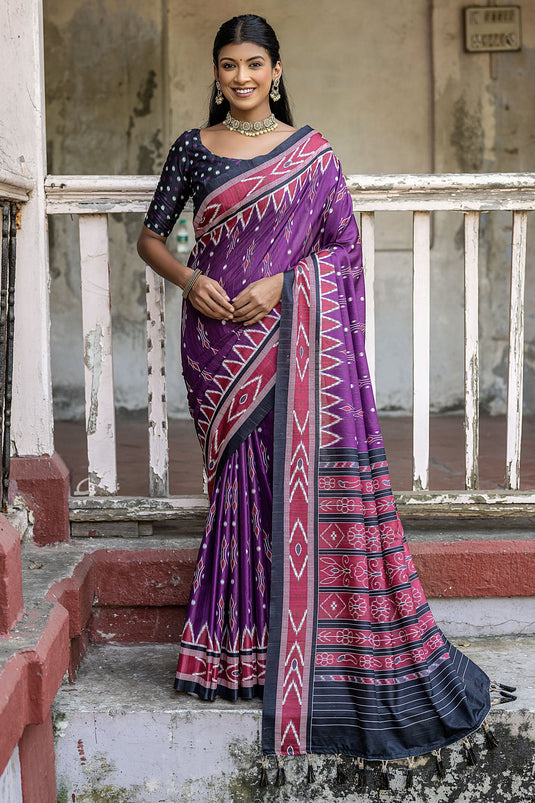 Purple Exclusive Printed Cotton Silk Fabric Sarees