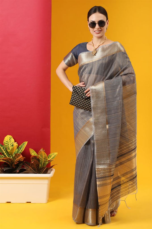 Grey Color Regular Precious Saree In Linen Fabric