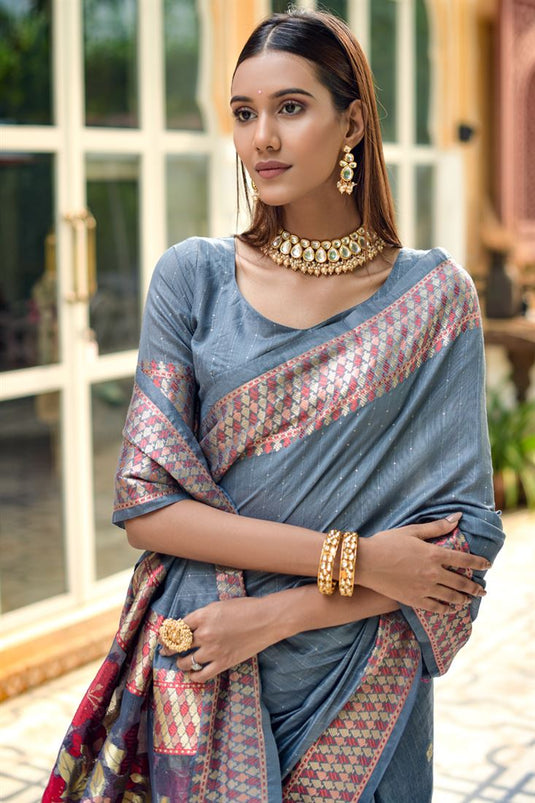 Casual Look Grey Color Embellished Cotton Silk Saree