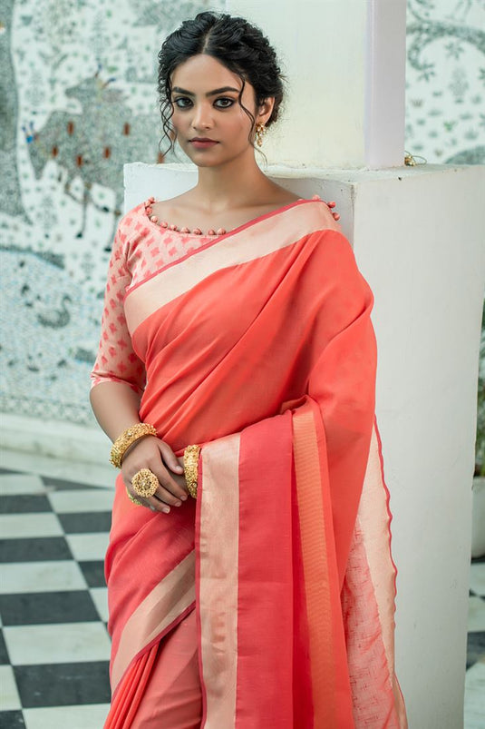 Peach Color Linen Fabric Beatific Regular Saree