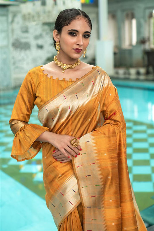 Art Silk Fabric Yellow Color Weaving Work Elegant Saree