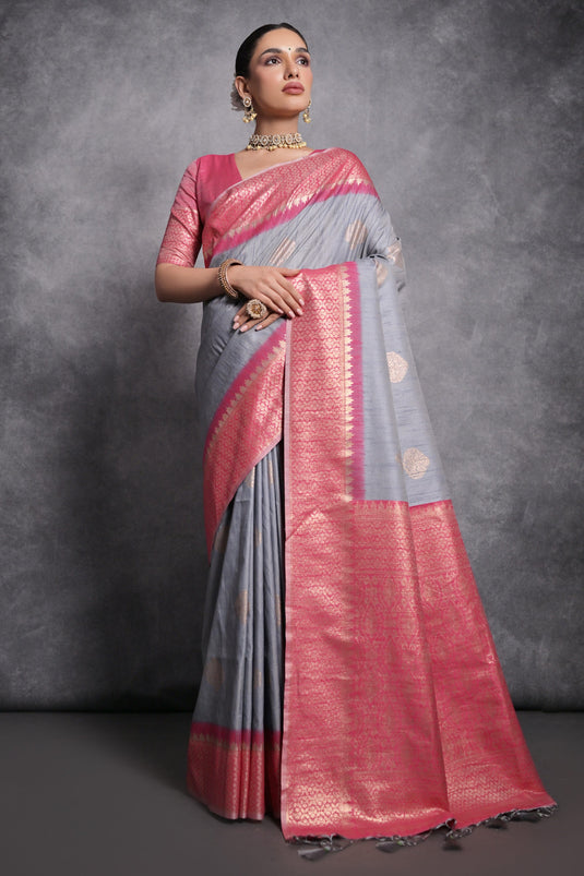 Grey Color Tussar Silk Fancy Zari Weaving Border Work Saree