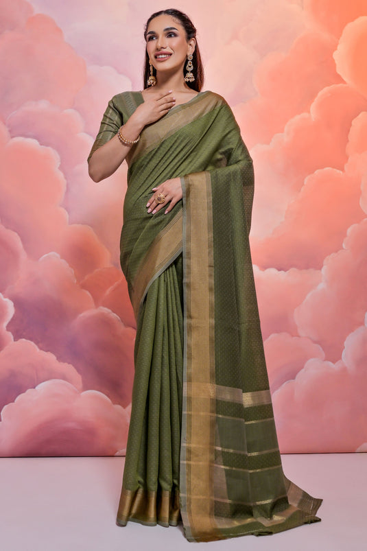 Green Cotton Fabric Fancy Zari Woven Border Saree