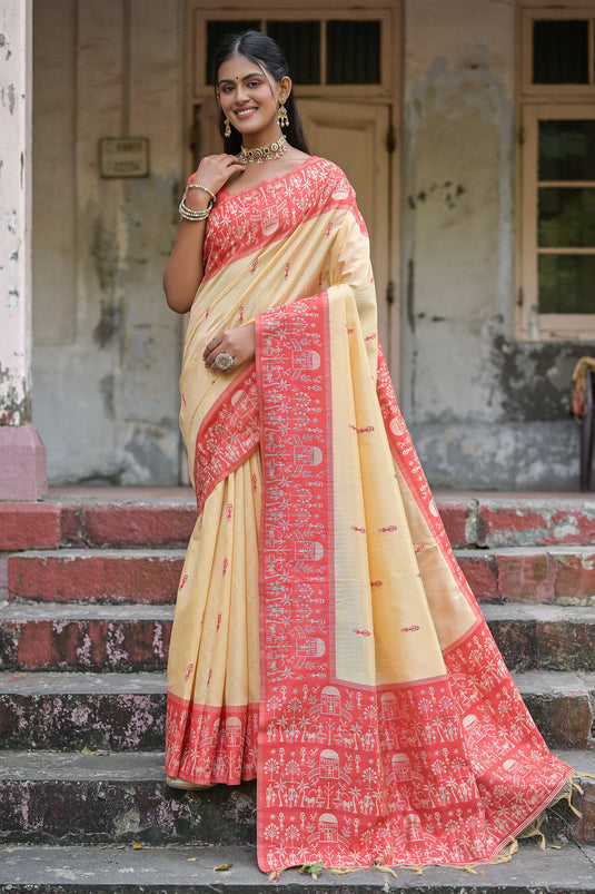 Delightful Beige Woven Border Handloom Raw Silk Casual Saree