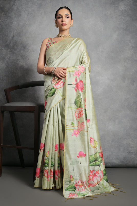 Soft Tussar Silk Sea Green Color Fancy Printed Casual Saree