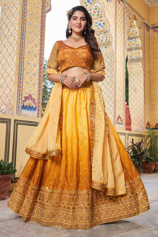 Chinon Fabric Mustard Occasion Wear Sequins Work Lehenga Choli