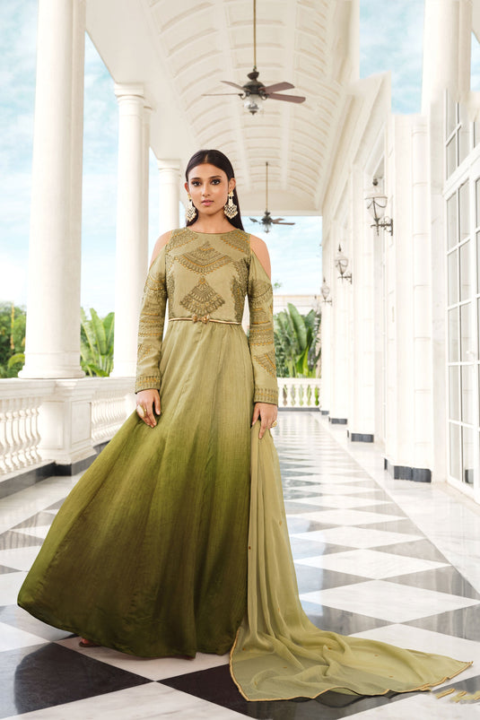 Art Silk Fabric Khaki Color Supreme Sangeet Wear Anarkali Suit