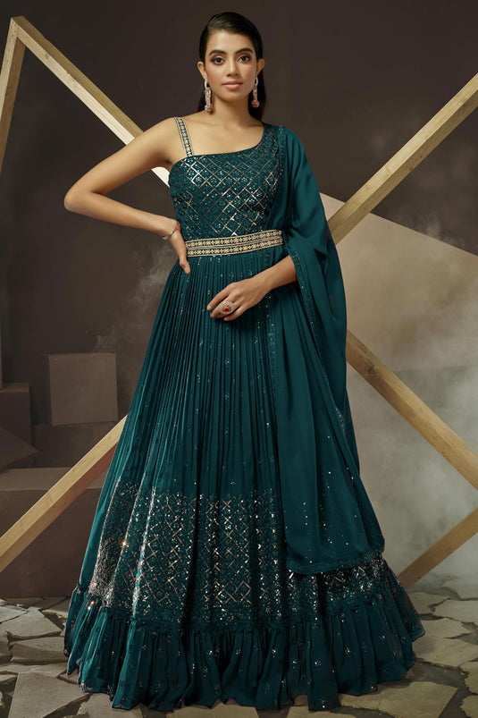 Teal Color Gerogette Designer Gown With Dupatta