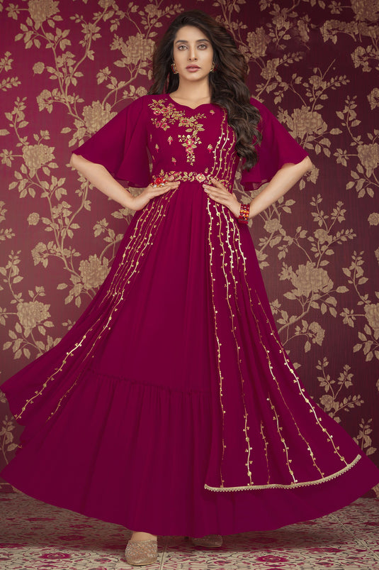 Georgette Fabric Embroidered Readymade Gown In Magenta Color