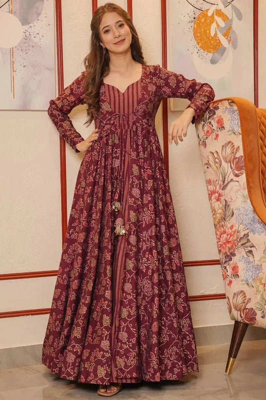 Attractive Muslin Fabric Maroon Color Festive Wear Readymade Gown