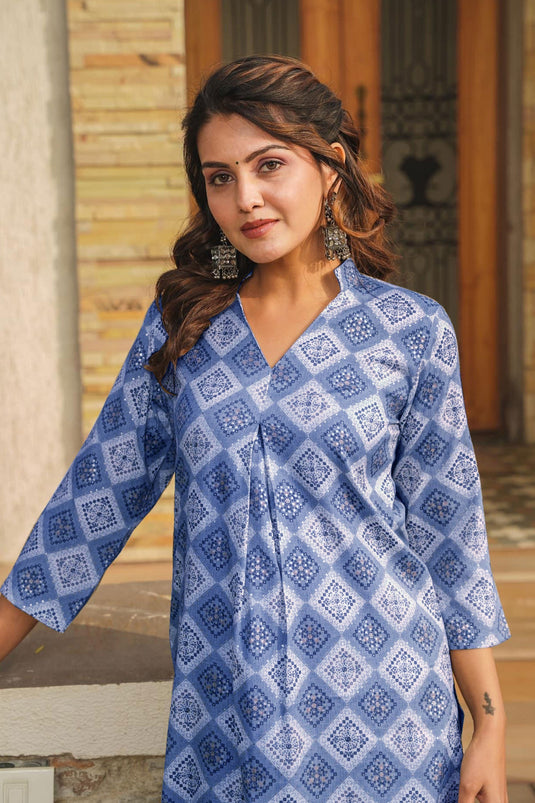 Digital Printed Work On Blue Color Rayon Fabric Riveting Kurti Readymade With Bottom