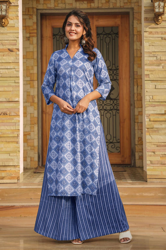 Digital Printed Work On Blue Color Rayon Fabric Riveting Kurti Readymade With Bottom