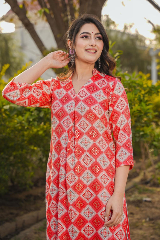 Rayon Fabric Red Color Pleasance Digital Printed Work Kurti Readymade With Bottom