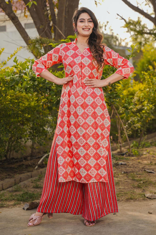 Rayon Fabric Red Color Pleasance Digital Printed Work Kurti Readymade With Bottom