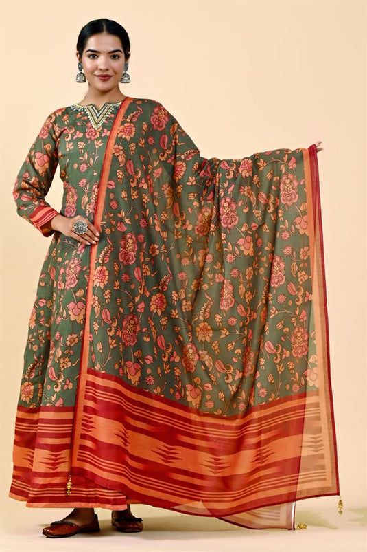 Art Silk kalamkari Printed Bewitching Olive Color Gown With Dupatta