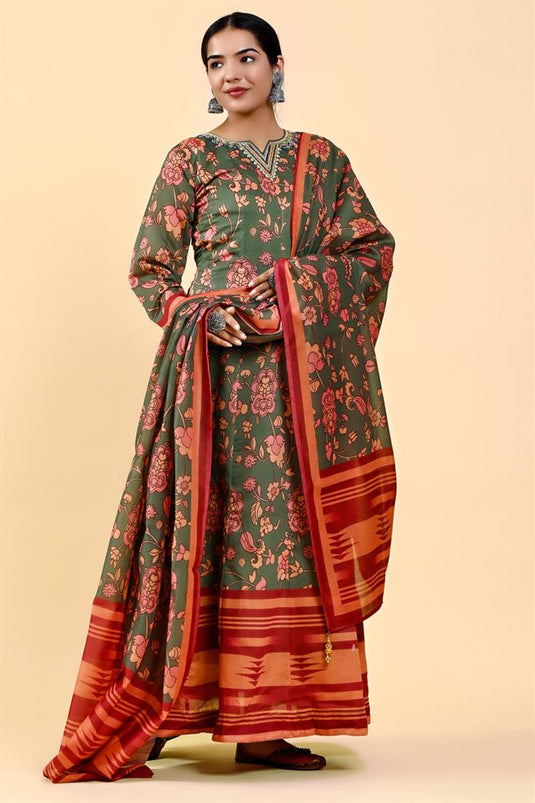 Art Silk kalamkari Printed Bewitching Olive Color Gown With Dupatta