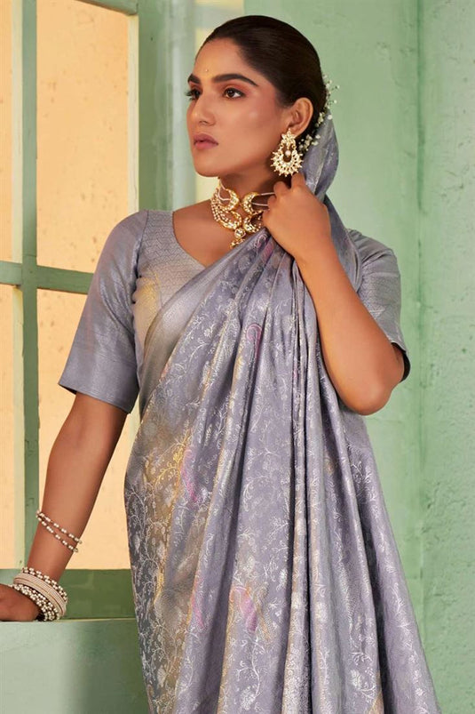 Kanjivaram Silk Grey Color Riveting Saree