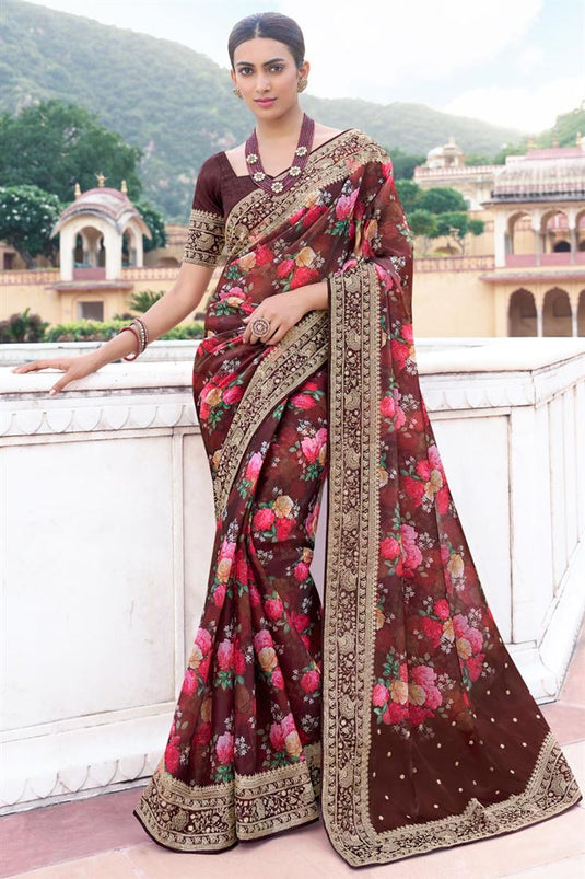 Art Silk Fabric Brown Color Saree With Winsome Digital Printed Work