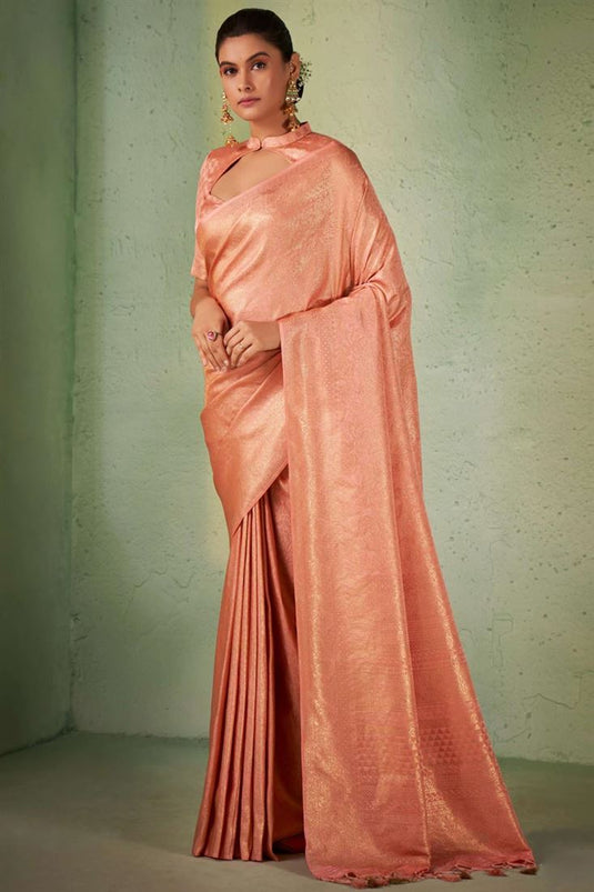 Incredible Weaving Work Peach Color Kanjivaram Silk Saree