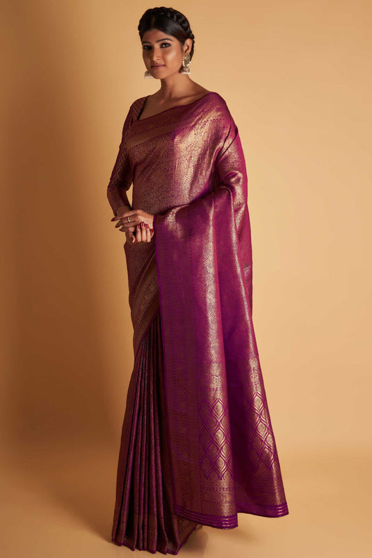Sangeet Wear Purple Color Two Tone Kanjivaram Silk Fabric Weaving Work Saree