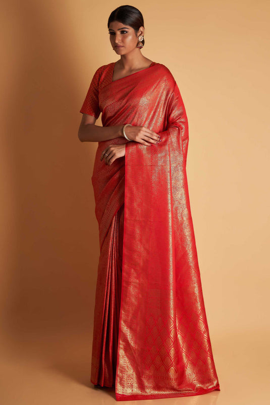 Wedding Wear Two Tone Kanjivaram Silk Fabric Red Color Weaving Work Saree