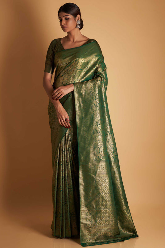 Dark Green Color Reception Wear Two Tone Kanjivaram Silk Fabric Saree