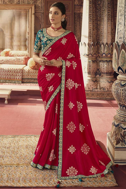 Marvellous Embroiderd Work On Viscose Fabric Saree In Red Color