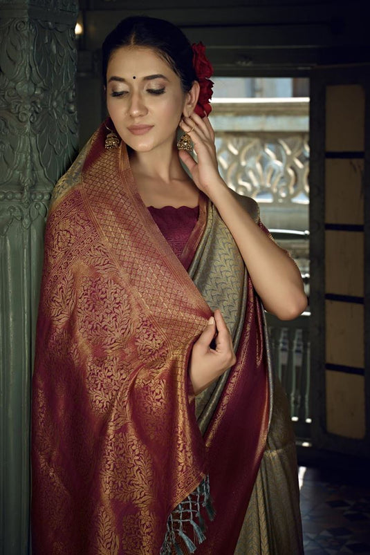 Royal Grey Golden Zari Kanjeevaram Silk Saree