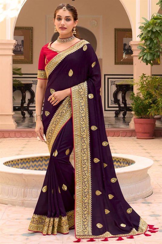 Purple Color Art Silk Fabric Maevelous Embroidery Border Work Saree