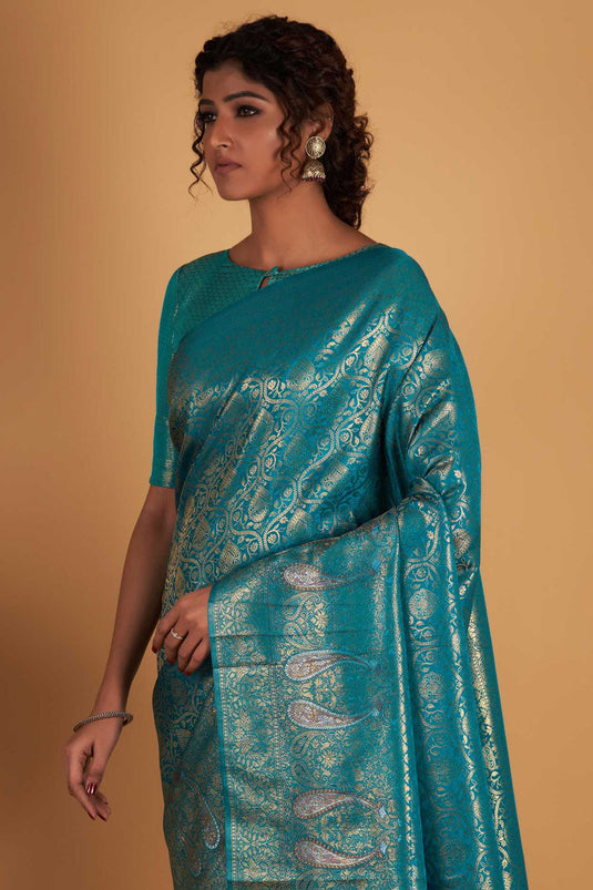 Zari Weaving Work Cyan Color Two Tone Kanjivaram Silk Fabric Reception Wear Saree