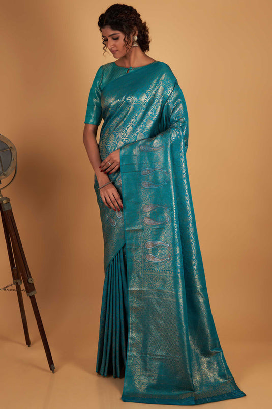 Zari Weaving Work Cyan Color Two Tone Kanjivaram Silk Fabric Reception Wear Saree