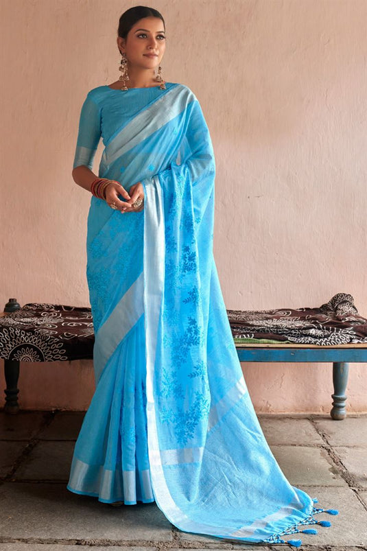 Elegant Sky Blue Color Festive Look Linen Saree